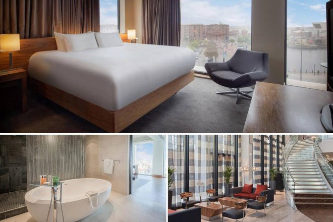 A collage of three hotel photos to stay in Liverpool: a plush bedroom with waterfront views and modern furnishings, a luxurious bathroom featuring a standalone bathtub, and a chic hotel lounge with a grand staircase.
