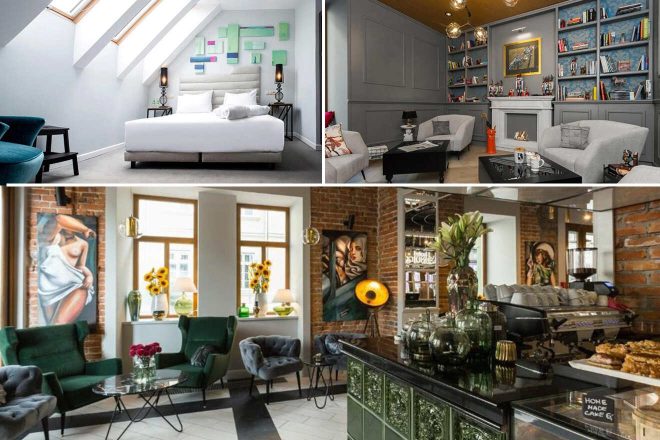 Collage of 3 hotel pictures: a modern bedroom, a gray-walled living room with built-in bookshelves, and a rustic-themed café featuring exposed brick walls and green furniture.