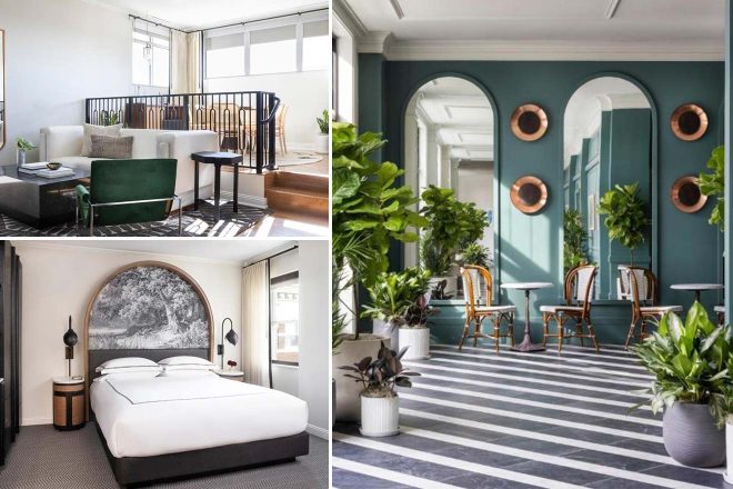 A collage of three hotel photos to stay in Omaha: a stylish loft-style living area with green and white decor, a cozy bedroom with a large bed and nature-themed headboard, and a bright, elegant seating area with potted plants and large mirrors.