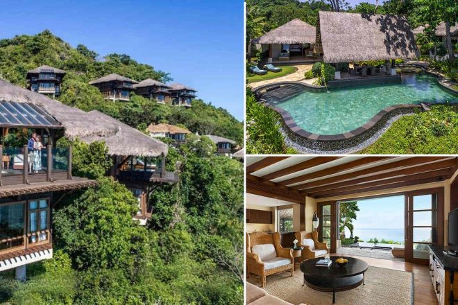 A collage of three hotel photos to stay in the Philippines: Hillside villas with thatched roofs nestled among lush greenery, a kidney-shaped swimming pool surrounded by tropical plants, and a luxurious interior with expansive ocean views through large windows.