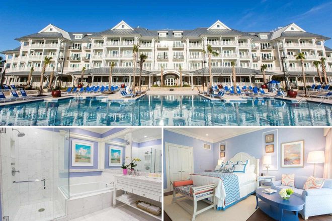 A collage of three hotel photos to stay in Charleston: a large resort-style pool with ample lounge chairs, a bathroom with nautical themes, and a serene blue-toned bedroom with coastal decor.