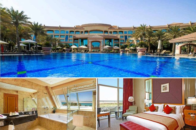 A collage of three hotel photos to stay in Abu Dhabi in Al Raha and Khalifa City area: a vast outdoor pool at a resort with blue waters and lush surroundings, an opulent bathroom with a large tub and marble details, and a comfortable bedroom with a red leather bench and sea views.