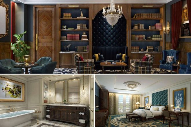 A collage of three hotel photos to stay in Indianapolis: a luxurious library lounge with rich velvet seating and book-filled shelves, an elegant bathroom with a freestanding tub and marble countertops, and a sophisticated bedroom with tasteful decor and a restful seating area.