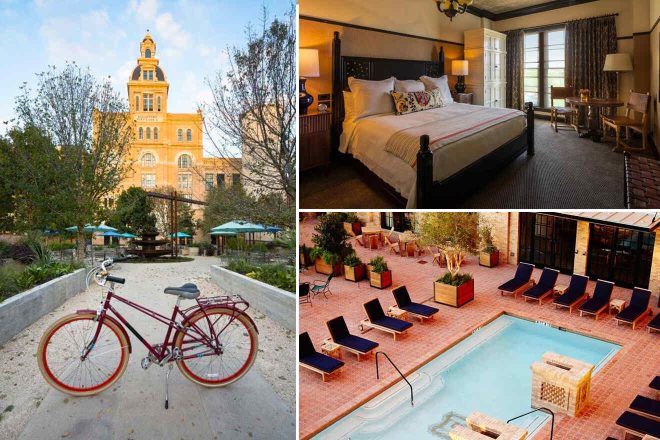 A collage of three hotel photos to stay in San Antonio: a serene outdoor courtyard with a vintage bicycle, a classic room with an antique bed frame and elegant decor, and a terracotta-tiled pool area with lounge chairs and ornamental plants.
