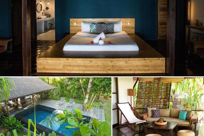A collage of three hotel photos to stay in the Philippines: An intimate bedroom with a wooden platform bed and ambient lighting, an outdoor pool surrounded by dense tropical foliage, and a cozy outdoor lounge area with a rattan roof and comfortable seating.