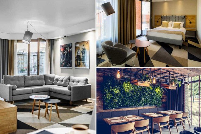 Collage of 3 hotel pictures: a modern living room with a gray sectional sofa, a bedroom with a double bed, and a dining area with tables, chairs, and a wall garden.