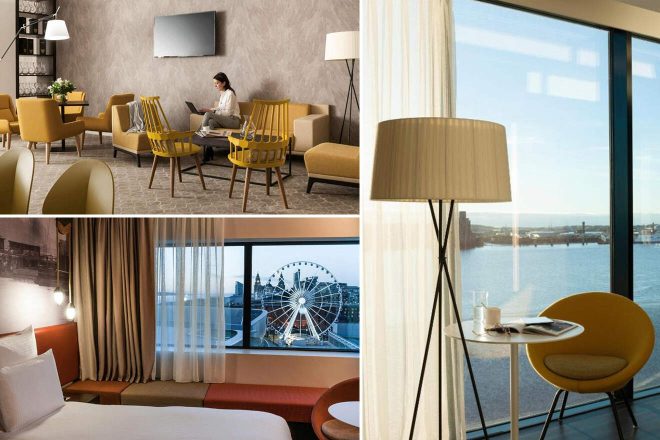 A collage of three hotel photos to stay in Liverpool: a hotel suite with a view of the Liverpool Wheel, a serene bedroom with soft lighting and a riverside view, and a spacious lounge with mustard yellow chairs and a large screen for presentations.