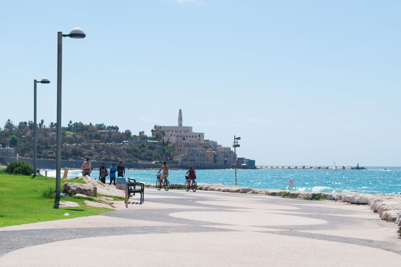 A serene seaside promenade with a clear view of the Mediterranean Sea and the historic city of Jaffa in the distance.
