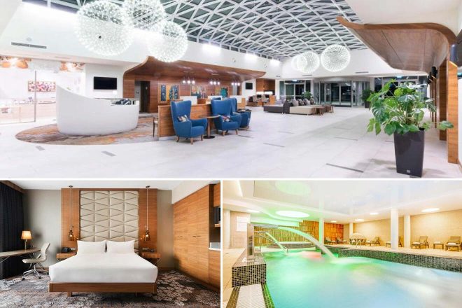 Collage of 3 hotel pictures: lobby with geometric ceiling, white curved reception desk, and blue chairs; a minimalist bedroom with wooden accents and plush decor; and an indoor pool with a waterfall feature.
