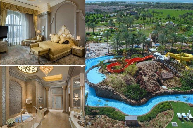 A collage of three hotel photos to stay in Abu Dhabi in Al Khalidiya area: a luxurious suite with a golden bed and elegant decor, a spa-like bathroom with an ornate bathtub, and an aerial view of a water park amidst expansive greenery and resort facilities.