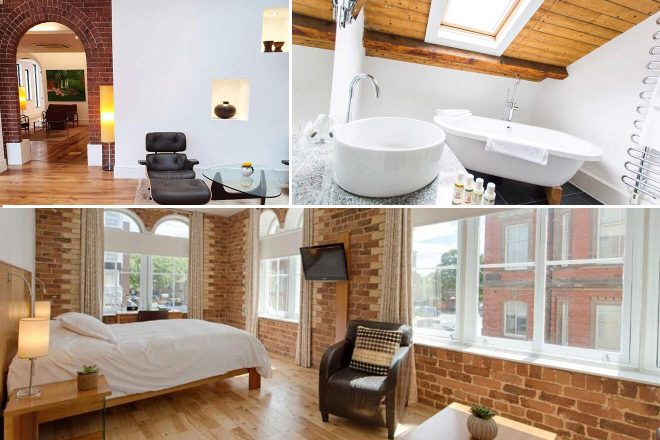 A collage of three hotel photos to stay in Liverpool: a loft-style bedroom with exposed brick walls and large windows, a minimalist living area with modern furniture, and a bathroom featuring a clawfoot tub and skylight.