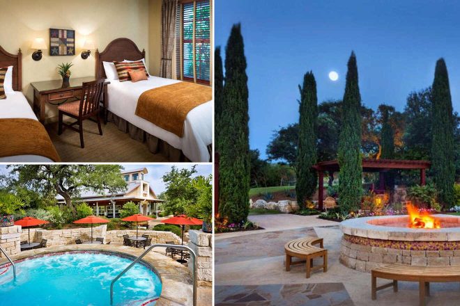 A collage of three hotel photos to stay in San Antonio: a traditional room with twin beds and wooden accents, a country-style estate with a circular pool and red umbrellas, and a romantic outdoor fire pit area under the moonlit sky.