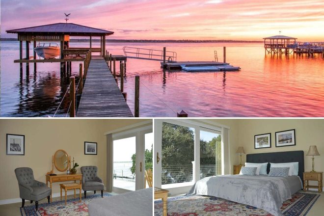 A collage of three hotel photos to stay in Charleston: a sunset view of a private dock extending over calm waters, a bedroom with a view of the waterfront, and a comfortable seating area with neutral tones.