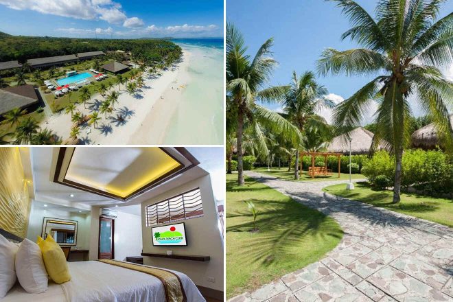 A collage of three hotel photos to stay in the Philippines: An aerial view of a beach resort with lush palm trees and white sandy beaches, an elegant guest room with a wooden ceiling and a large bed, and a serene garden pathway lined with tall palm trees.