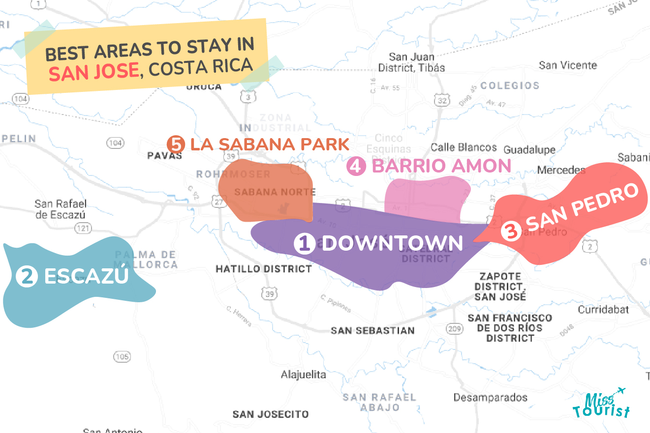 Map of best places to stay San Jose Costa Rica