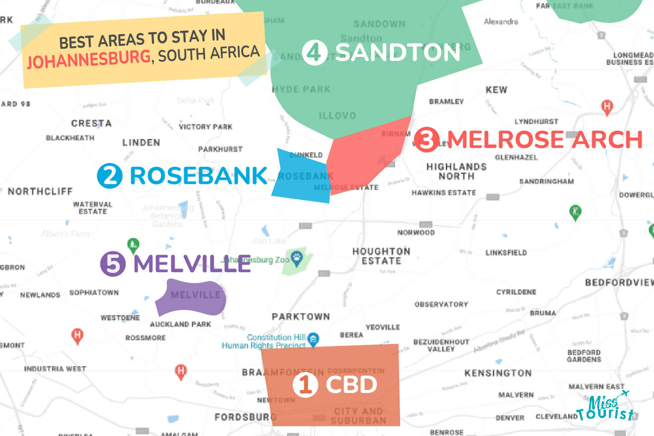 Map of best places to stay in Johannesburg