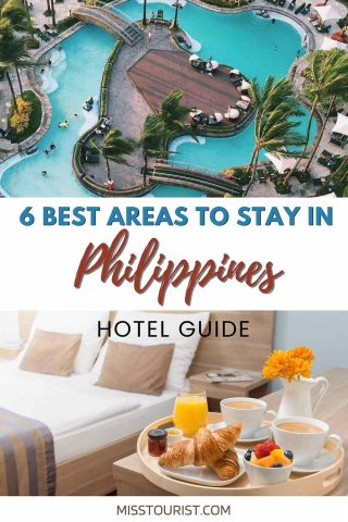 An inviting image of a hotel room featuring a breakfast tray with croissants, coffee, and juice, set on a bed, part of a promotional guide titled "6 Best Areas to Stay in Philippines."