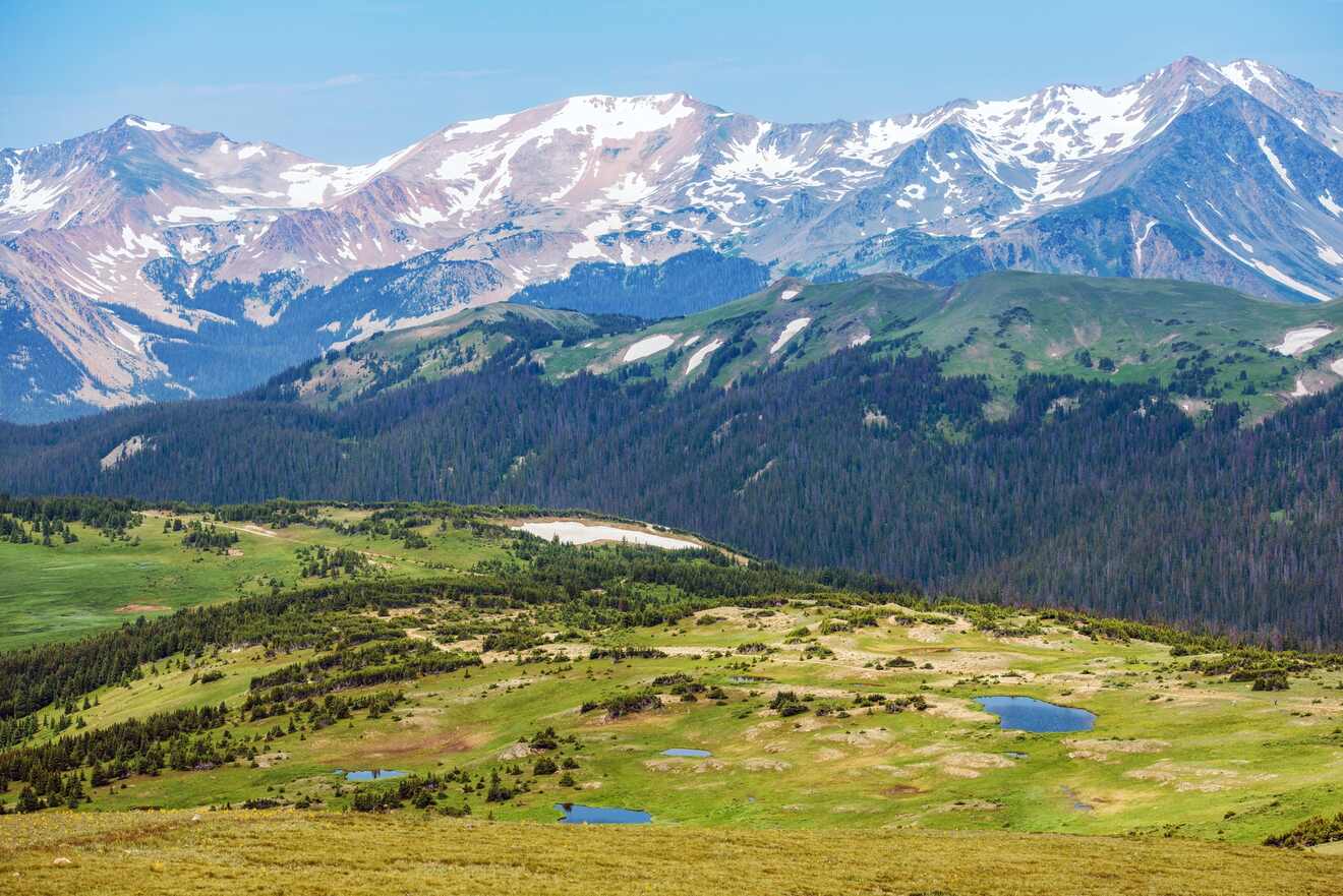 A vast green landscape featuring small ponds with mountain ranges capped with snow under a clear blue sky in the background.