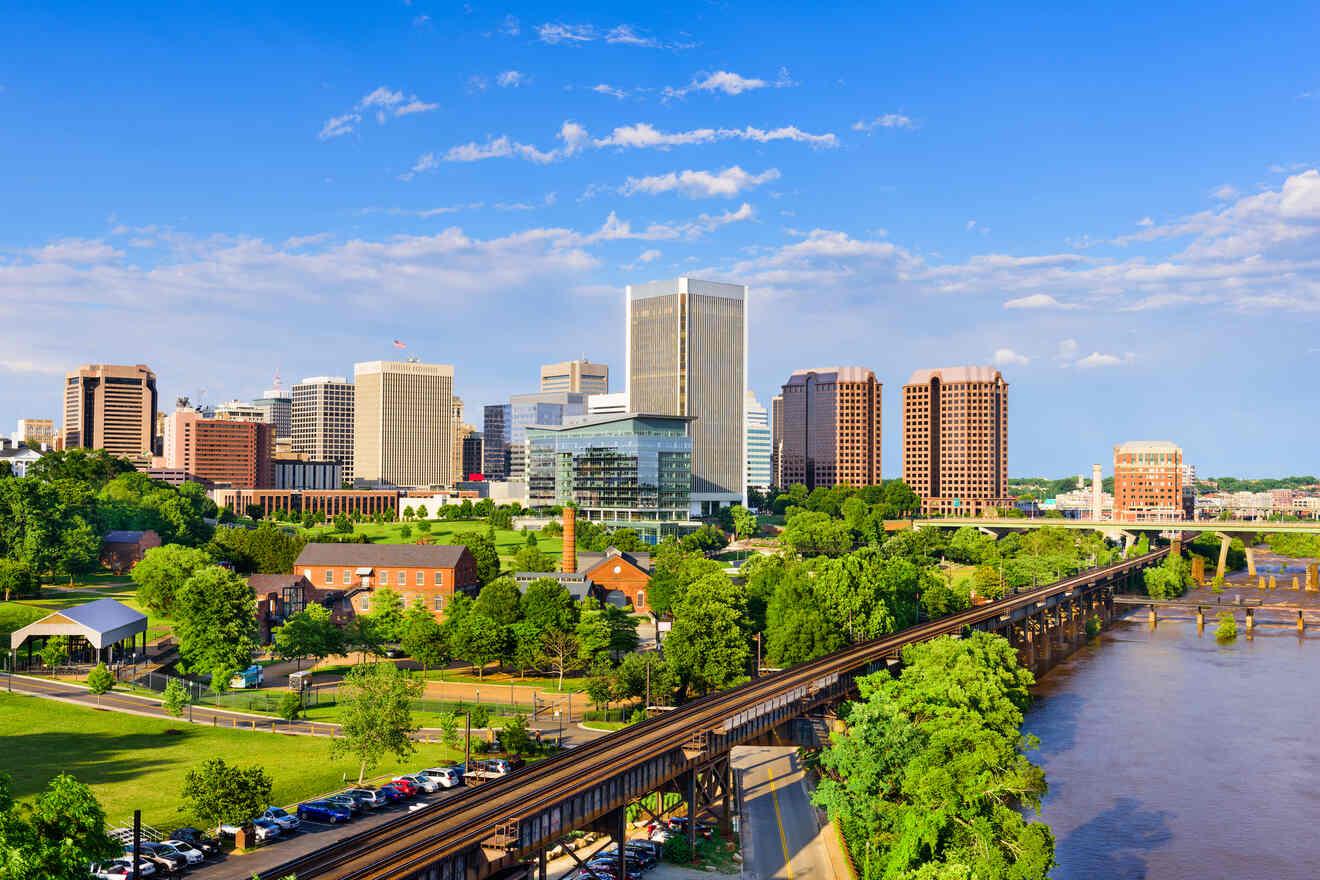 Downtown Richmond, Virginia, with a view of the James River, train tracks, and urban skyline on a bright day