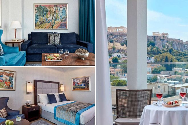 A collage of three hotel photos to stay in Greece: a luxurious living room with bold blue furnishings and artwork, a comfortable bedroom with unique fabric headboard and a scenic view from the balcony, and an intimate dining setting with a backdrop of ancient ruins.