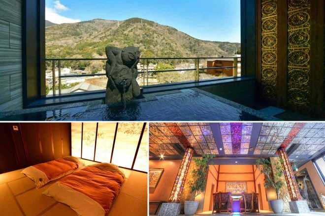 Collage of luxurious Hakone accommodation options, featuring an open-air bath with a stone sculpture, traditional Japanese-style bedding with tatami floors, and an elegant lobby with stained glass decor