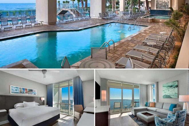 A collage of three hotel photos to stay in Myrtle Beach: an outdoor pool lined with palm trees and lounge chairs, a neatly arranged bedroom with balcony overlooking the sea, and a spacious living room with modern furnishings and a wall-mounted TV.