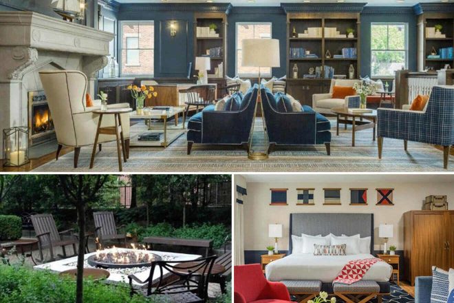 A collage of three hotel photos to stay in Maine: a cozy living room with dark blue walls and a lit fireplace, outdoor chairs around a fire pit in a garden setting, and a vibrant bedroom with nautical accents and a plush white bed.