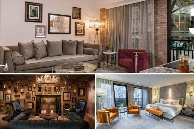 A collage of three hotel photos to stay in Charlotte: a cozy living room with gray sofas and artistic wall frames, a classic room with a plush bed and a brick fireplace adorned with a myriad of mirrors, and a spacious bedroom with a modern aesthetic featuring a balcony overlooking a tree-lined street.