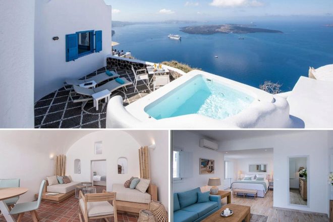 A collage of three hotel photos to stay in Greece: an elegant cliffside suite with a private outdoor jacuzzi overlooking the sea, minimalist and cozy indoor seating areas with natural light, and a serene bedroom with simplistic decor.