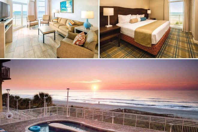 A collage of three hotel photos in Myrtle Beach: a bright living room with ocean views and cozy sofas, a bedroom with a large window facing the sea and colorful pillows, and a serene beach scene at sunset with the hotel silhouette in the background.