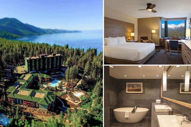 A collage of three hotel photos to stay in Lake Tahoe: an aerial view of a hotel set among pine trees beside a mist-covered lake, a comfortable modern bedroom with mountain views, and a sleek bathroom with a freestanding bathtub.
