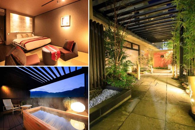 A collage of luxury hotel to stay in Gora: a cozy modern bedroom with Japanese design elements, a serene garden walkway with bamboo, and an outdoor wooden bathtub with a mountain view