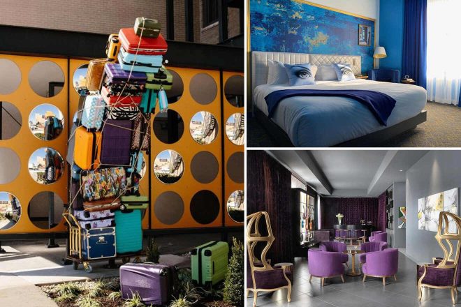 A collage of three hotel photos to stay in St Louis: An eclectic art piece made of stacked colorful luggage outside a hotel, a chic bedroom with a bold blue wall and eye-catching art, and a plush purple seating area with modern decor.