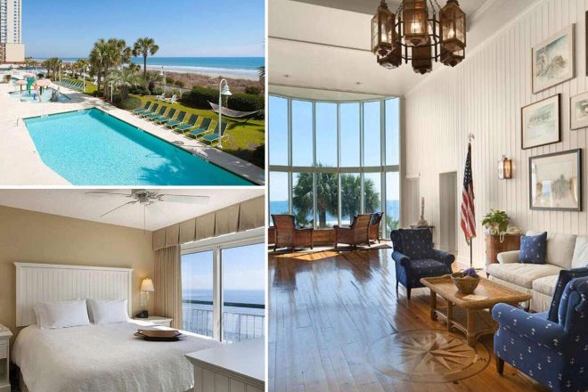 A collage of three images featuring Myrtle Beach accommodations: a sunny poolside area with beach chairs and ocean in the distance, a classic interior living space with American flag and nautical decor, and a cozy bedroom with a wide view of the sea and sky.