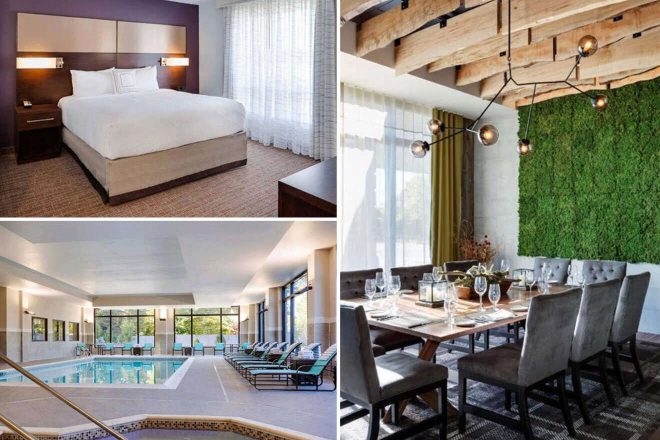 A collage of three hotel photos to stay in Maine: a modern bedroom with neutral tones and a large bed, an indoor pool with ample lounging space, and a dining room with a unique green wall and rustic wood table.