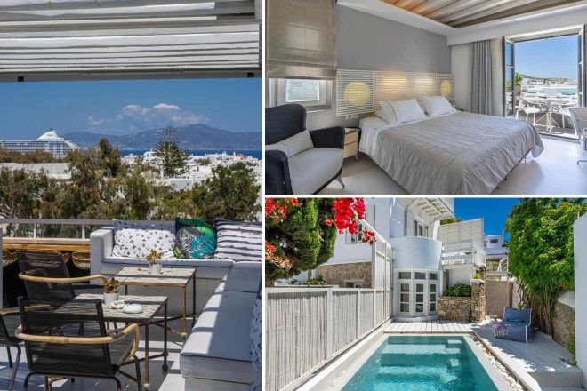 A collage of three hotel photos to stay in Greece: a stylish outdoor lounge area with a view of white buildings and a cruise ship, a modern bedroom with balcony overlooking the sea, and a quaint poolside nestled among vibrant plants and traditional architecture.