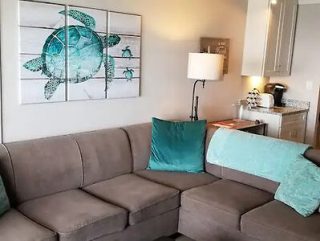 Living room with a sectional couch adorned with a turtle-themed wall art and sea-green throw pillows