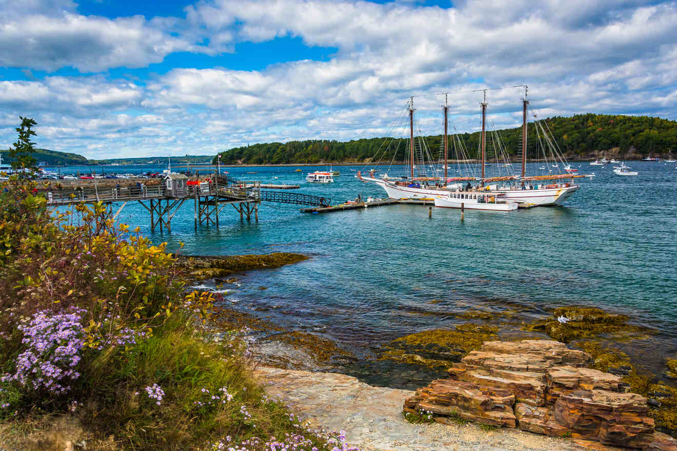 Scenic view of a Bar Harbor with a traditional schooner docked at a wooden pier, surrounded by lush greenery and calm waters.

