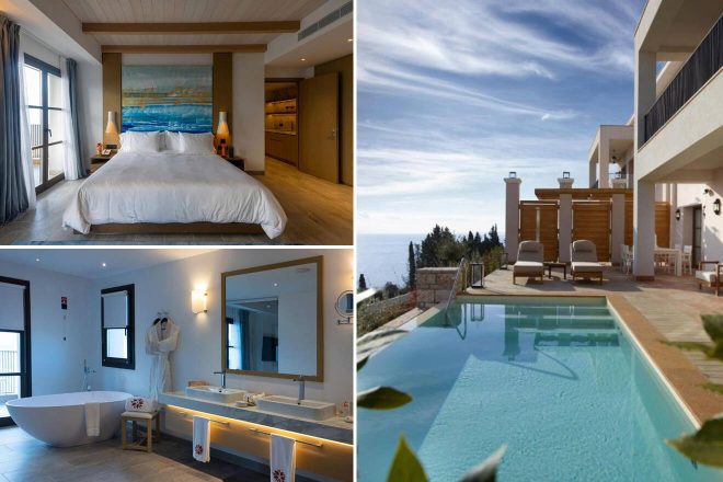 A collage of three hotel photos to stay in Greece: a serene bedroom with a large painting above the bed and balcony overlooking the sea, a contemporary bathroom with standalone tub and dual vanities, and a private pool with deck chairs facing a stunning ocean view.