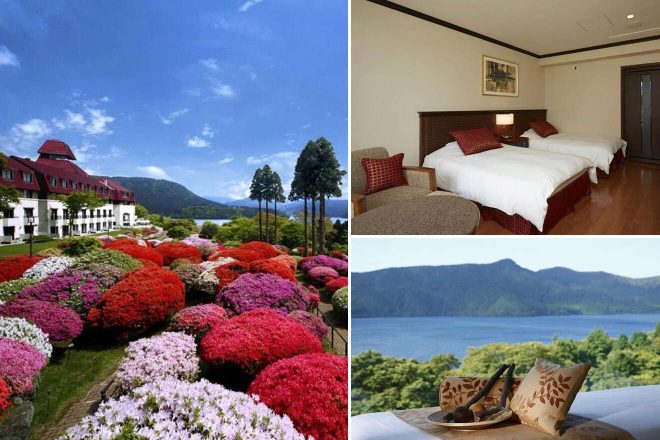 A collage of luxury hotel to stay in Motohakone:vibrant flower gardens with a classical building exterior, a room with traditional Japanese seating and lake views, and a close-up of a relaxing room setting with a snack tray
