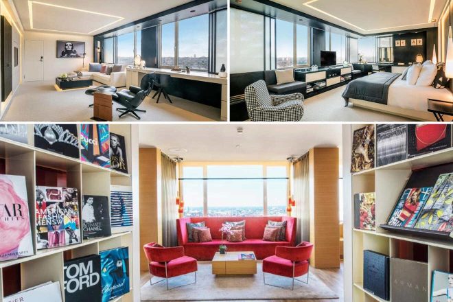 A collage of three photos of hotels to stay in Brussels: a modern high-rise hotel room with panoramic city views, a sleek black-and-white checked armchair, and a wall filled with colorful fashion and design books, creating a chic atmosphere.
