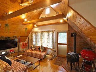 Cozy attic living space with exposed wooden beams, patterned sofas, a fireplace, and a barbecue grill by the window