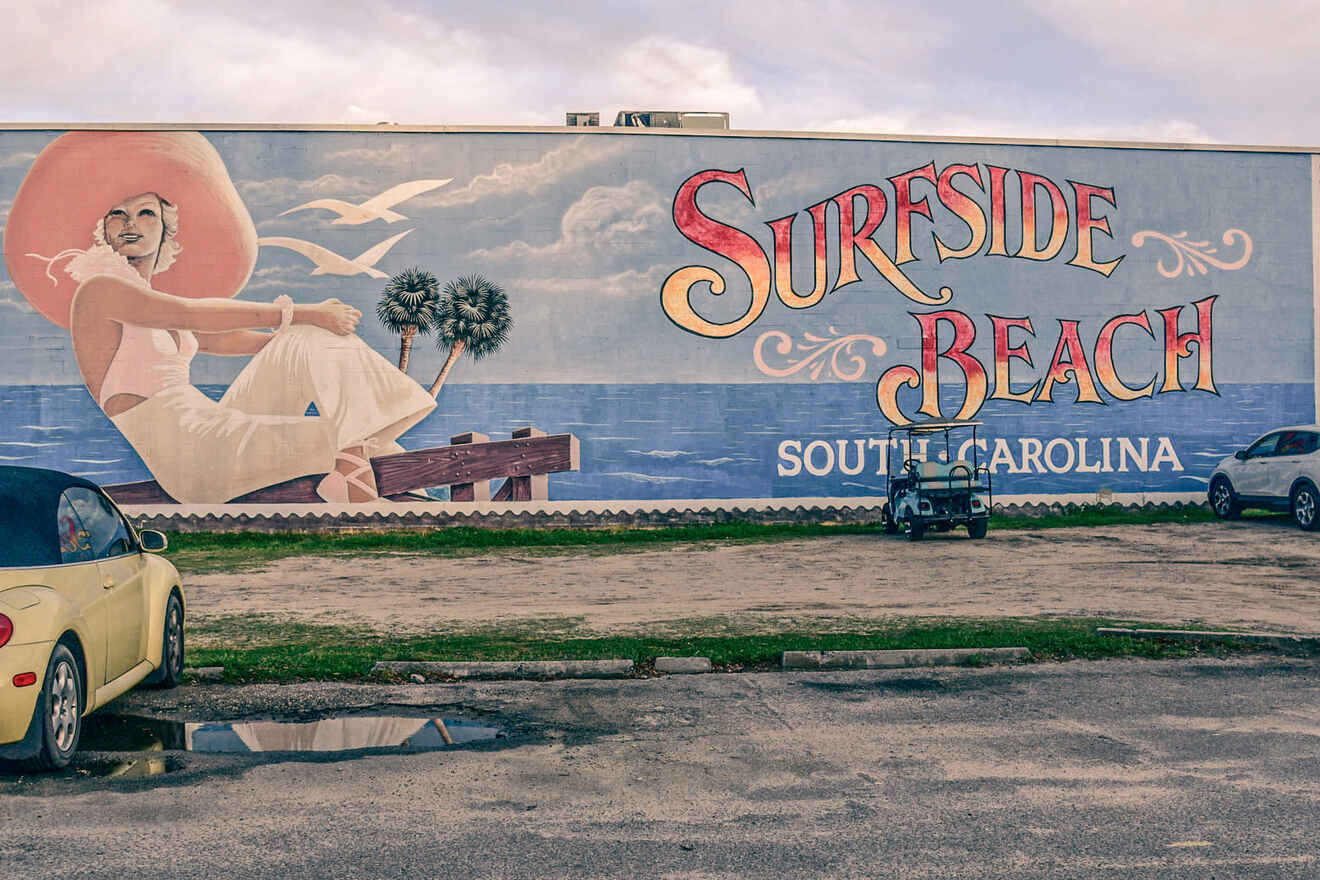 Colorful mural depicting a vintage scene at Surfside Beach, South Carolina, with palm trees and a clear sky