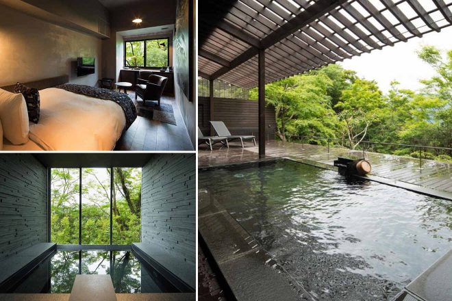 A collage of luxury hotel to stay in Kowakudani: a sleek bedroom with a work area, a luxurious outdoor onsen overlooking lush forest, and a sophisticated, dark-tiled indoor onsen with a serene ambiance