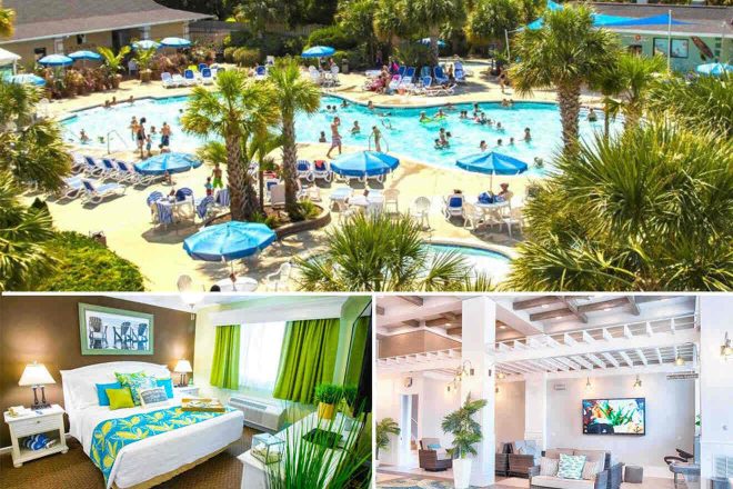 A collage of three hotel scenes in Myrtle Beach: a vibrant pool area filled with guests enjoying the water, a bright bedroom with green accents and a tropical feel, and an elegant indoor lounge area with large art pieces and plush seating.