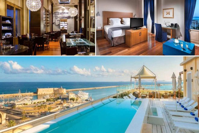 A collage of three hotel photos to stay in Greece: a sophisticated restaurant interior with glamorous lighting, a welcoming bedroom with wooden accents and a balcony view of the harbor, and a tranquil rooftop pool area with sweeping views of the coastline and parasol-shaded loungers.