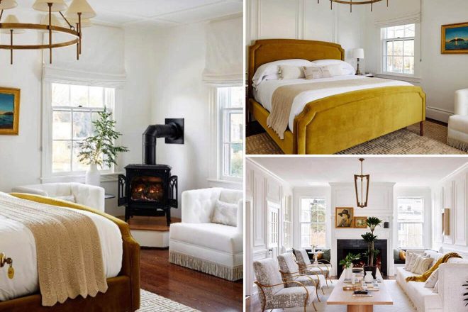 A collage of three hotel photos to stay in Maine: a bright bedroom with a mustard velvet bed and a wood-burning stove, an elegant living room with a large chandelier and white sofas, and a charming white and gold dining area with a fireplace.