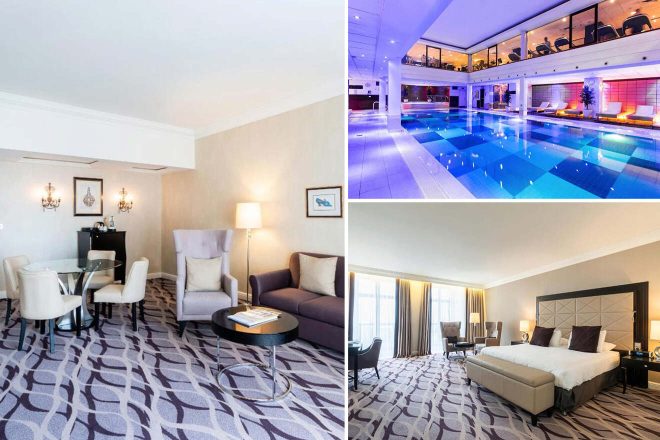 A collage of three photos of hotels to stay in Brussels: an upscale hotel suite with a glass dining table and purple accents, a serene indoor swimming pool with mood lighting and a view of workout equipment, and a spacious hotel room with a large bed and plush seating area