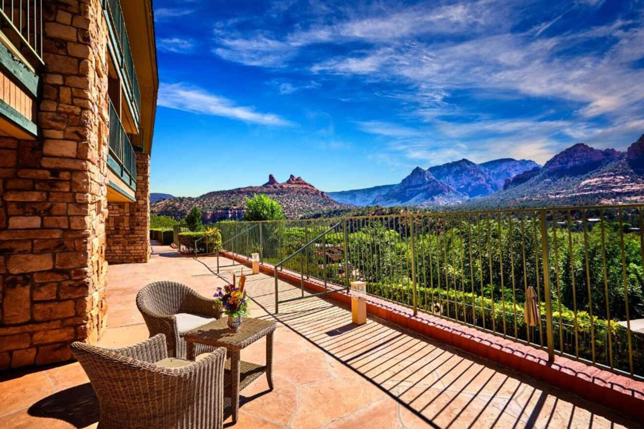 Spacious terrace with wicker furniture overlooking a panoramic view of Sedona's red rock landscape under a bright blue sky