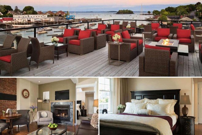 A collage of three hotel photos to stay in Maine: an outdoor seating area with wicker furniture and red cushions overlooking a harbor, an intimate sitting area with a brick fireplace, and a luxurious bedroom with a black four-poster bed and elegant decor.